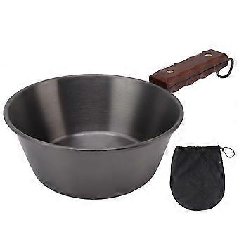 Camping Skillet 304 Stainless Steel 2000ML Wood Handle Safe Portable for Outdoor Hiking Picnic Black
