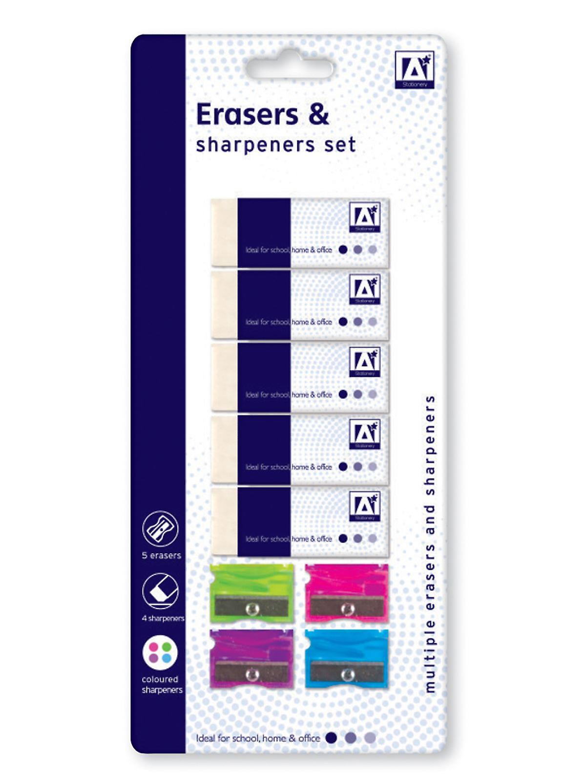 9 Piece Erasers & Sharpeners Set Kids Home Office School Rubbers Stationery