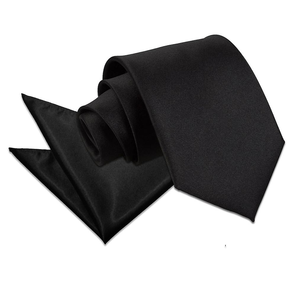 Black Plain Satin Tie and Pocket Square Set