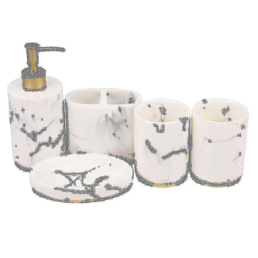 Bathroom Accessories Set, 5 Pieces Bath Ensemble, Bath Set Pattern Soap Dispenser Pump, Toothbrush