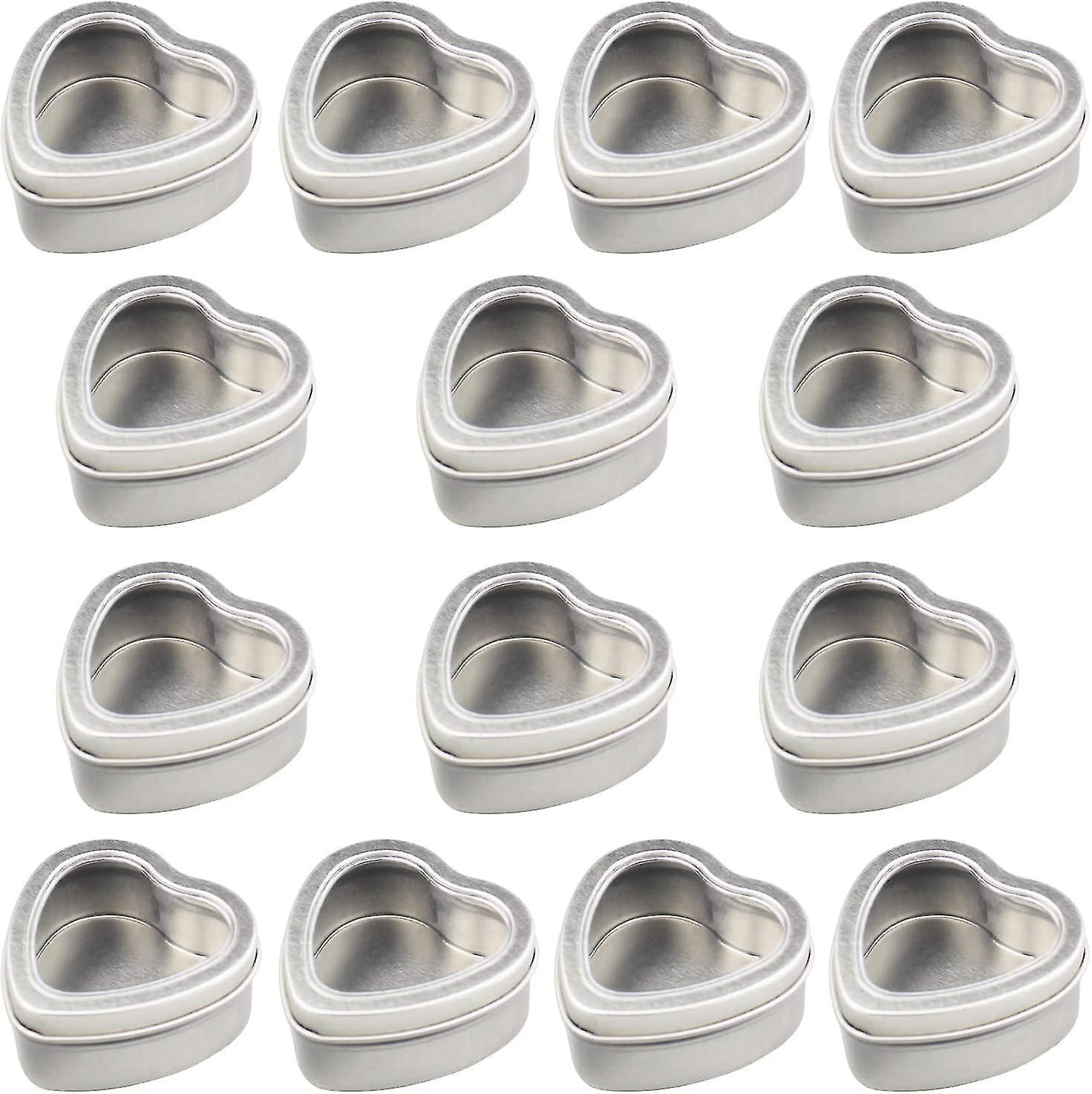 14pcs 60ml Empty Heart Shaped Silver Metal Tin With Clear Window