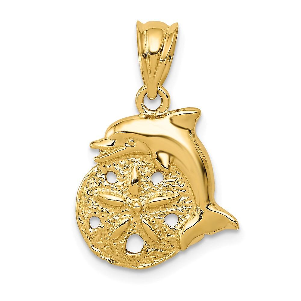 14k Yellow Gold Solid Polished Dolphin and Sanddollar Charm 20x14mm Wide Pendant Necklace for Women