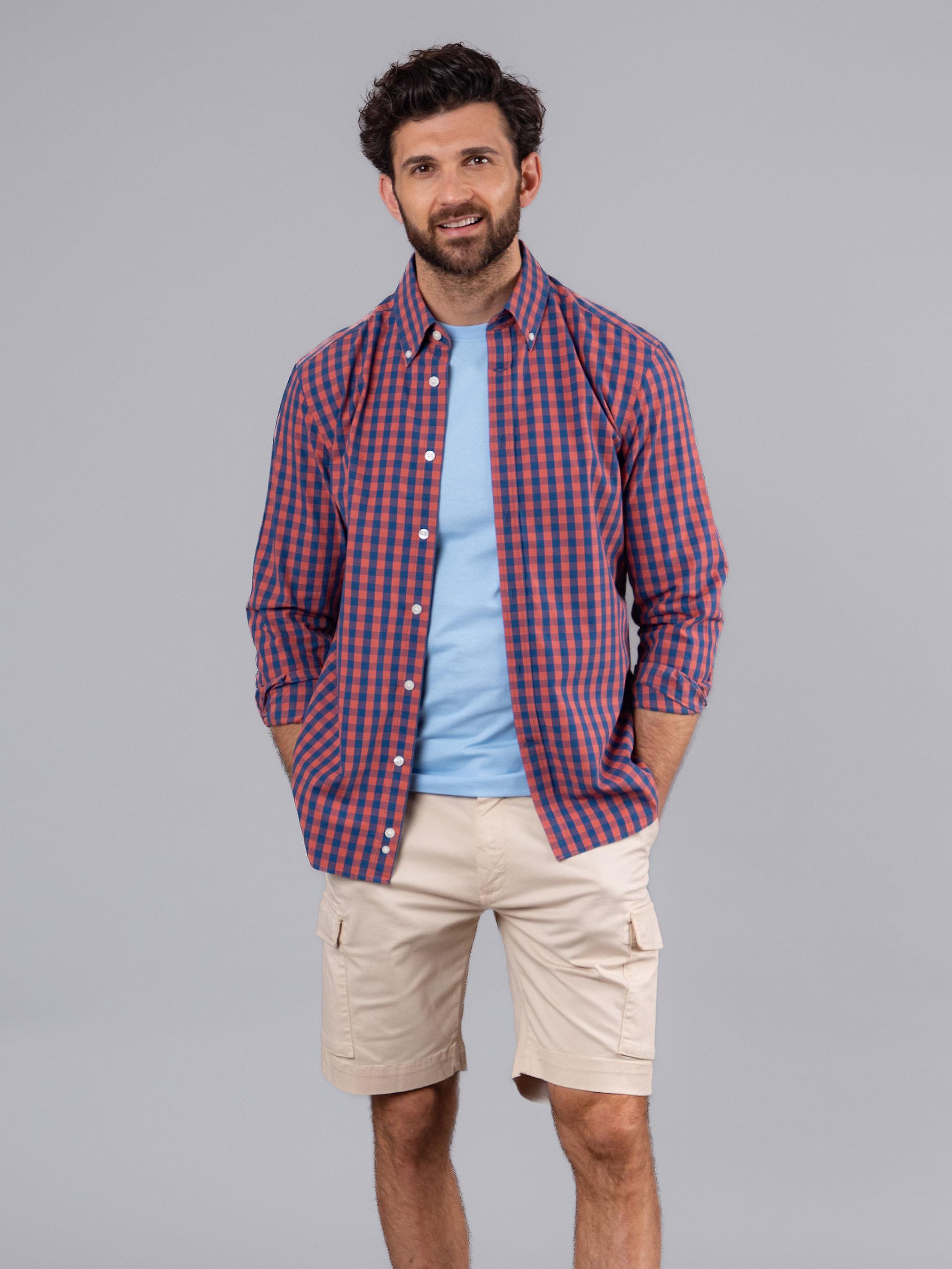 Warrick Cotton Mini Grid Check Shirt in Red
