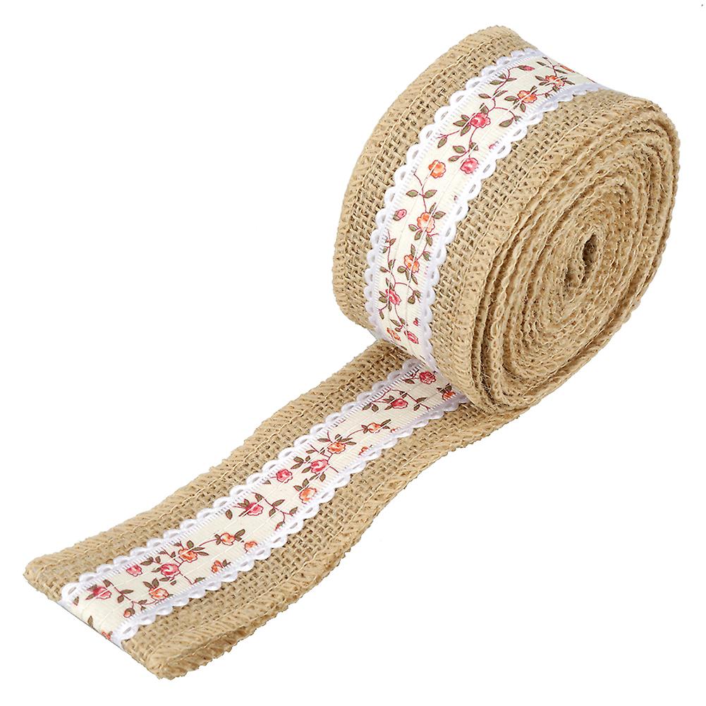 5m Jute Burlap with Little Flower Natural Hessian Ribbon Trim Edge (Coffee Flower)