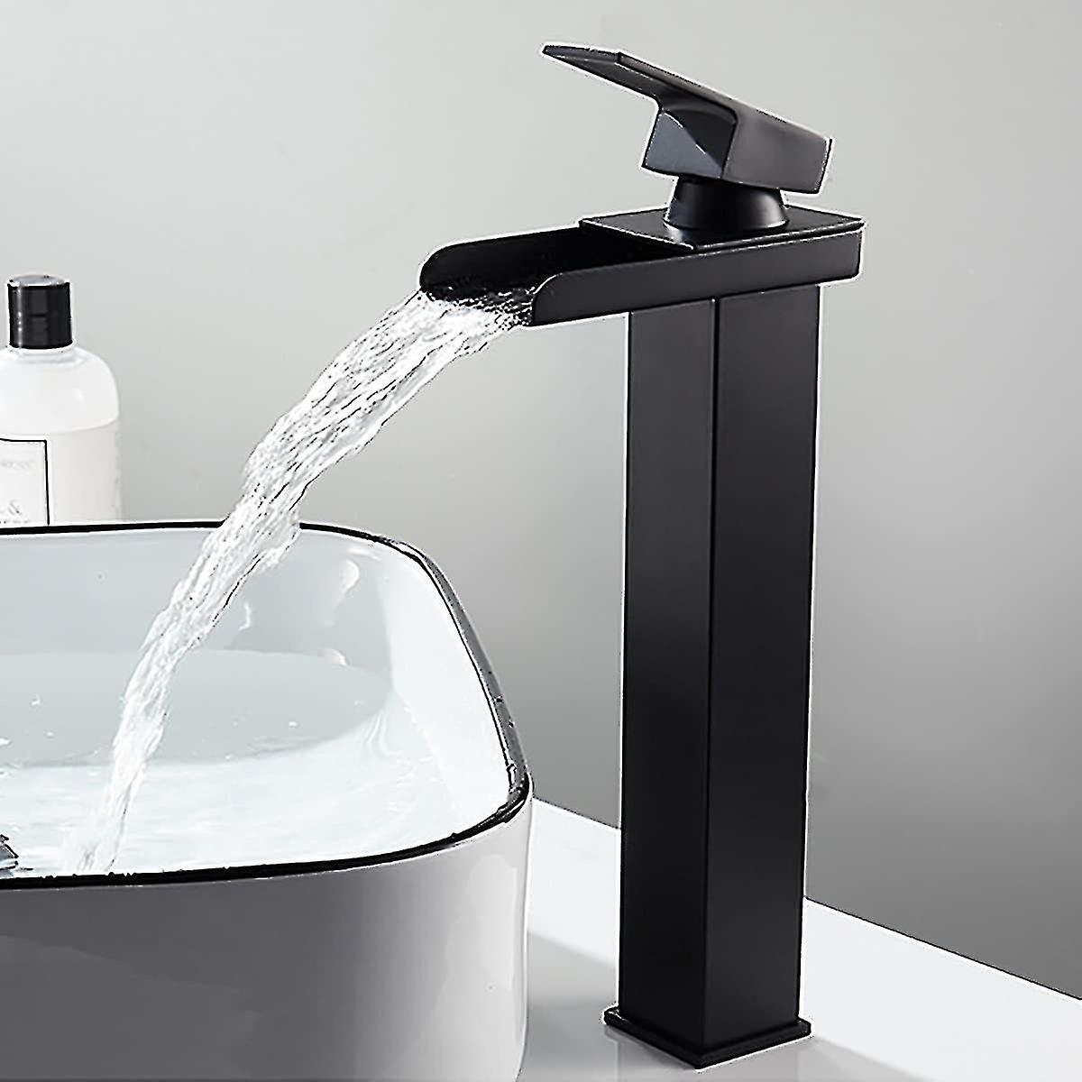  High Basin Waterfall Mixer Faucet Matte Black Rectangular Hot and Cold Adjustable Square Bathroom C