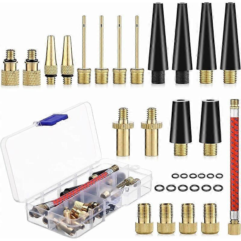 Bicycle Pump Nozzle, 33 Pieces Balloon Inflator Nozzle, DV SV AV Bicycle Pump Adapter with Storage Box, Valve Adapter with Inflator Hose, for Bicycle,