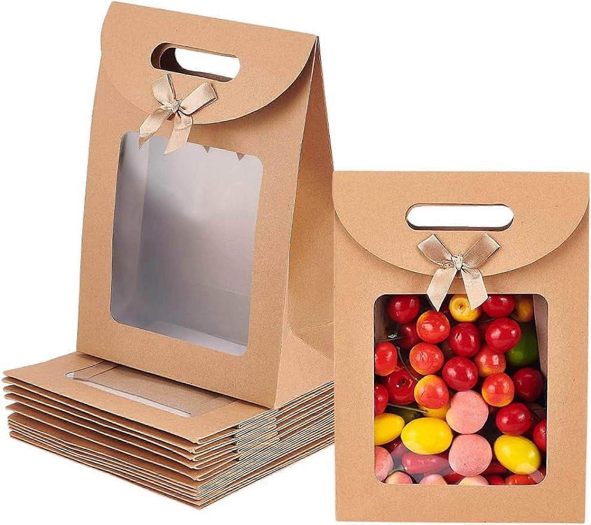 12 Pcs Tan Kraft Paper Bags Stand Up Gift Bags with Handles and Transparent Window for Candy Cookies Packaging Wedding Christmas Party Store Retail 10
