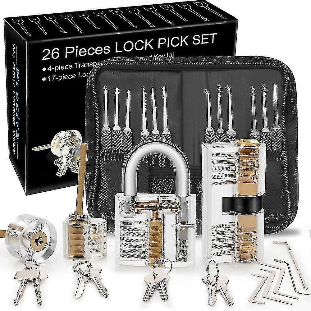 Lock picking kit, 26 pieces lock picking kit, practice tools with 4 transparent locks