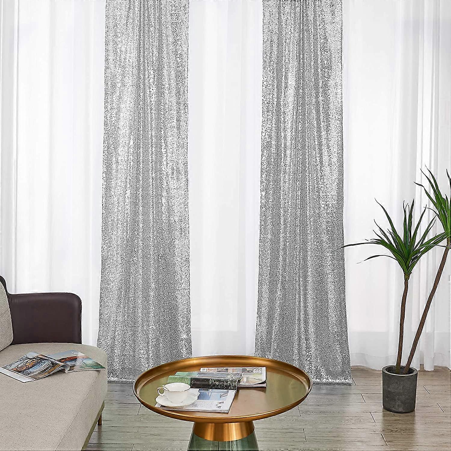 28Ft-2Pcs Silver Sequin Backdrop Curtains Panels, Photography Backdrop