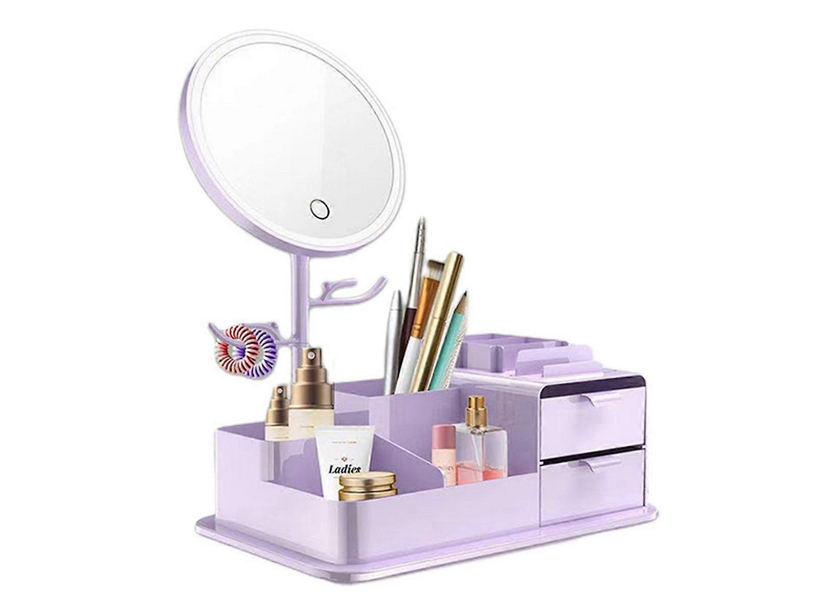 Cosmetics Storage Box with LED Makeup Mirror Purple