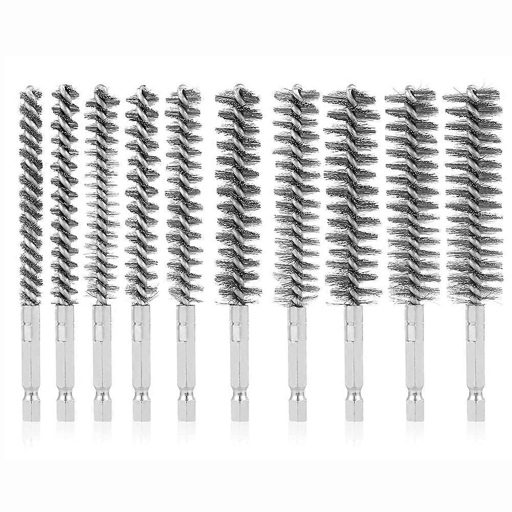 10Pcs Stainless Steel Bore Brush in Different Sizes 1/4Inch Hex Shank,Wire Brush Attachment for Dri