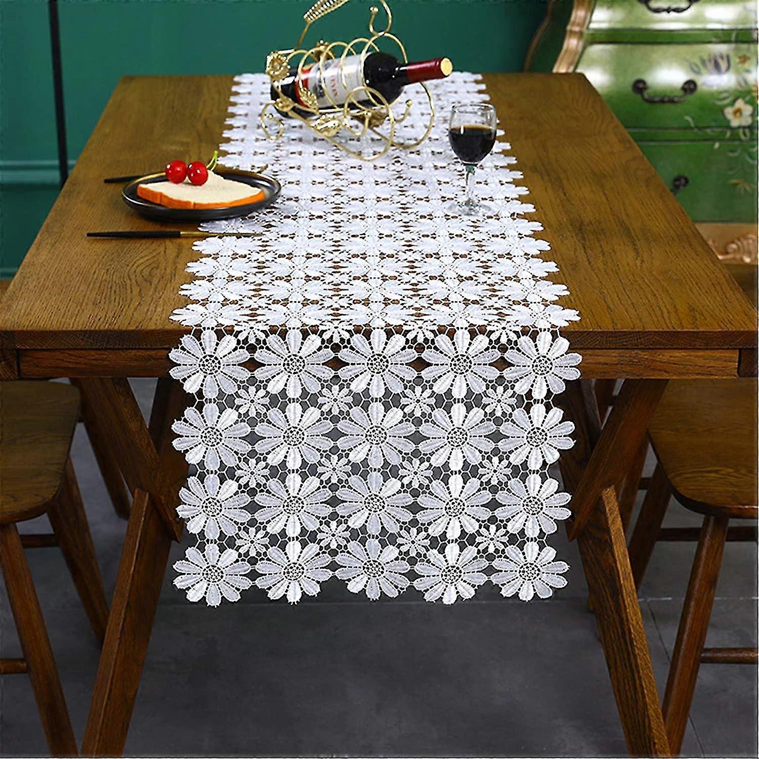 Linen Table Runner, Crochet Lace Tablecloth With Tassels