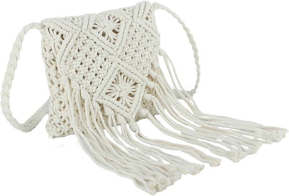 Women's Summer Beach Straw Bag Cotton Crochet Crossbody Bag Envelope Tassel Bag with Zipper Shoulder Bag