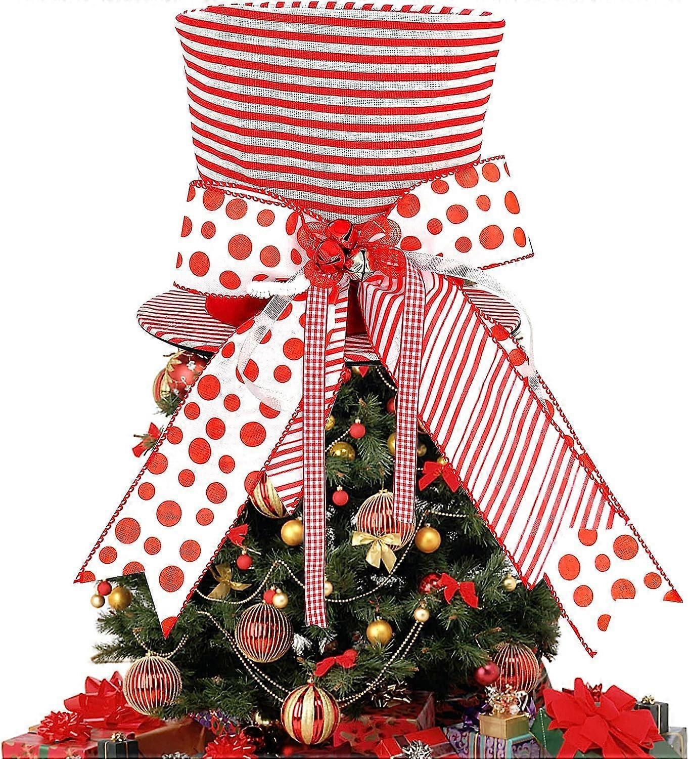 Christmas Tree Topper, Unique Foldable Top Hat, Christmas Tree Topper, Red and White Fabric Top Hat with Bell Bow, Christmas Tree Decoration