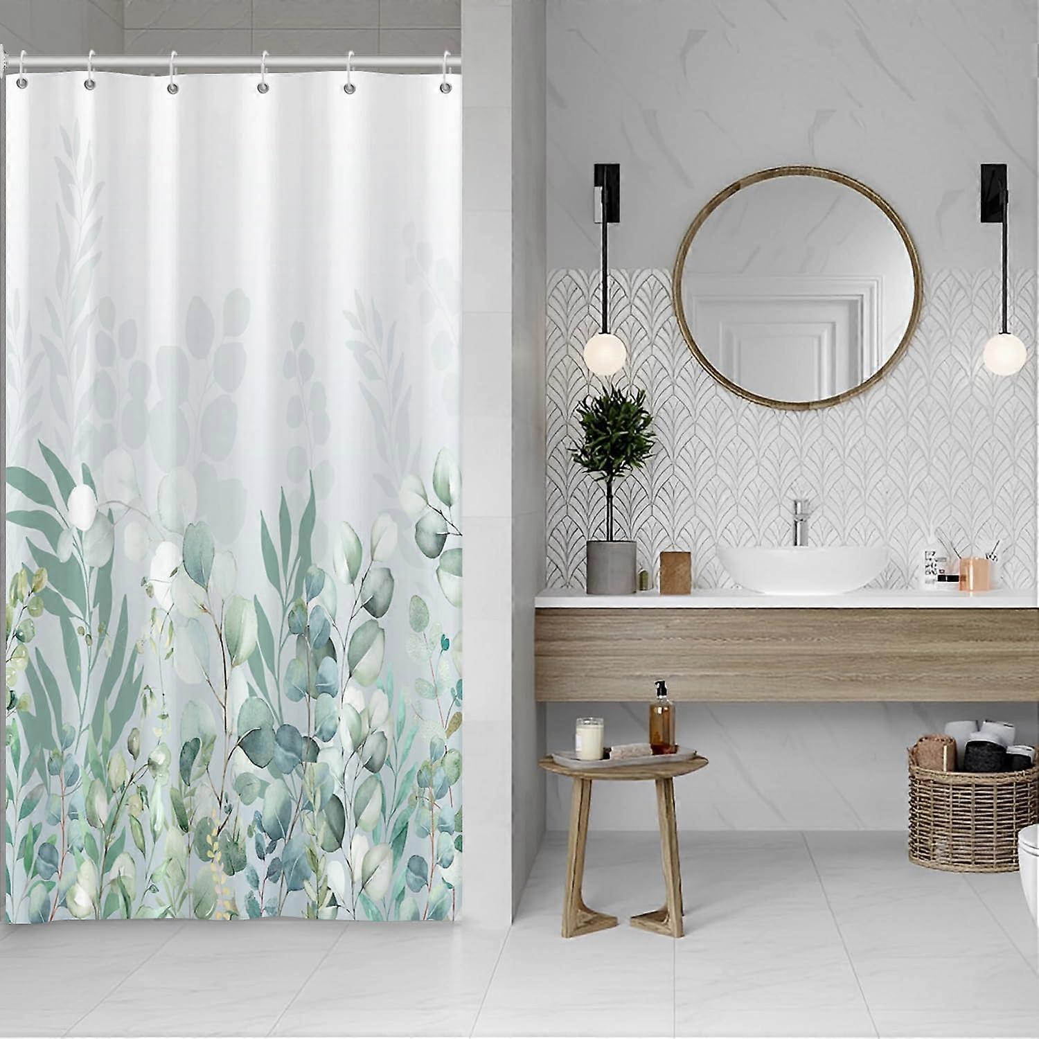 Small Stall Shower Curtain Spring Green Leaves Watercolor Eucalyptus Sage Leaf Botanical Narrow Half Plant Shower Curtains for Bathroom Decor Waterpro