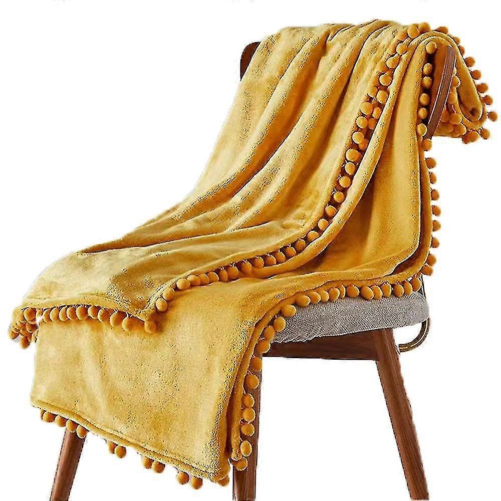 Flannel Blanket With Pompom Fringe Lightweight Plush Fleece Blanket Cozy Throw Blanket Gift For Christmas