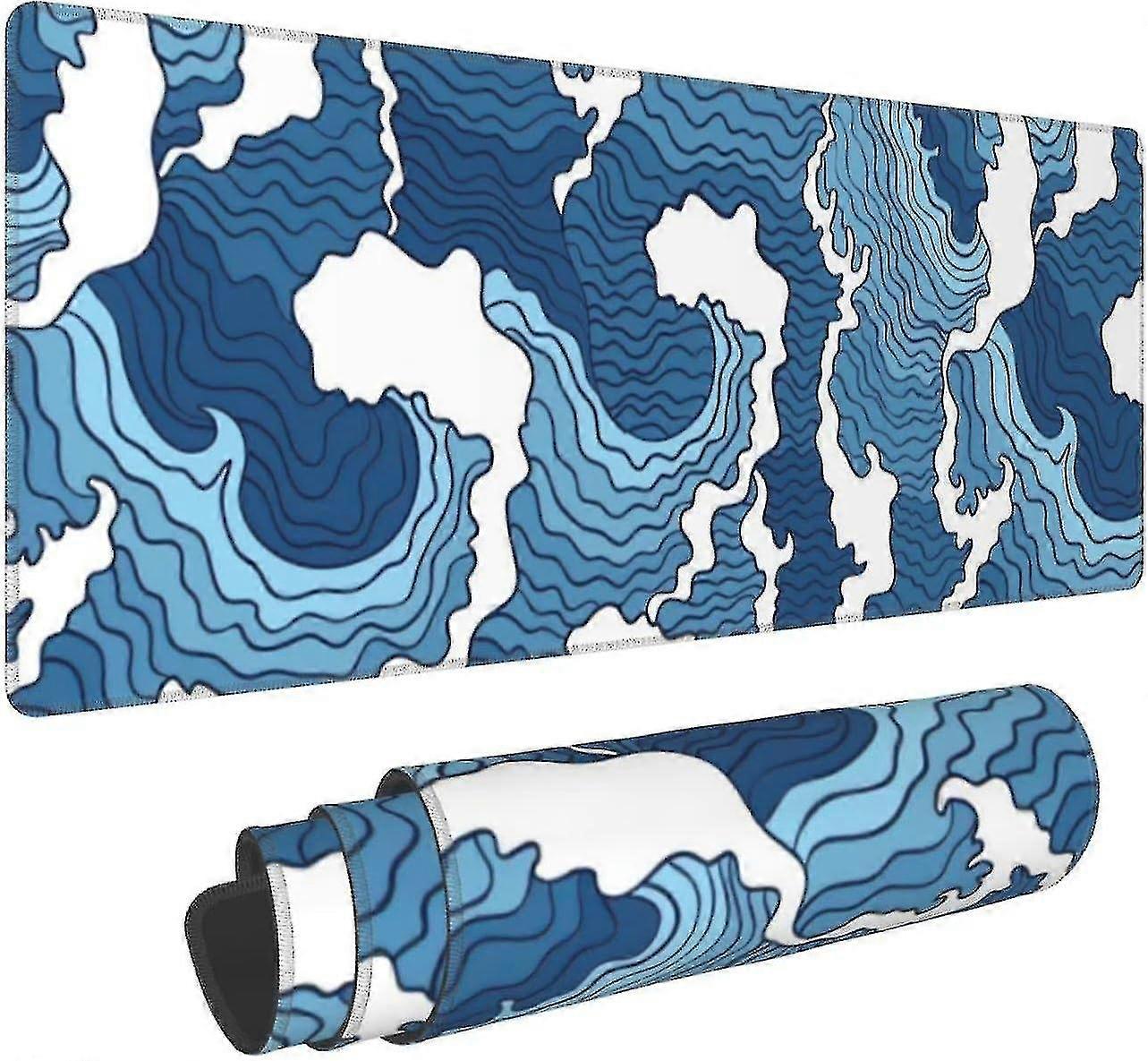 Japanese Blue And White Sea Wave Mouse Pad Xl Extended Desk Mat, Non Slip Rubber Base Stitched Edge Gaming Pc Desktop