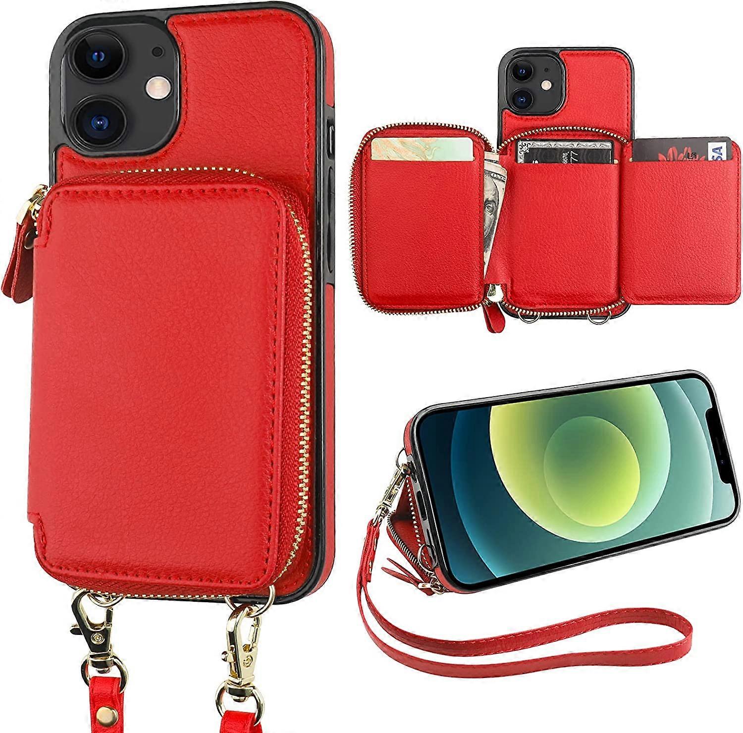 RFID Blocking Wallet Case for iPhone 12/12 Pro, Adjustable Crossbody Zipper Purse Case Card Holder with Kickstand Detachable Wrist Strap, PU Leather F