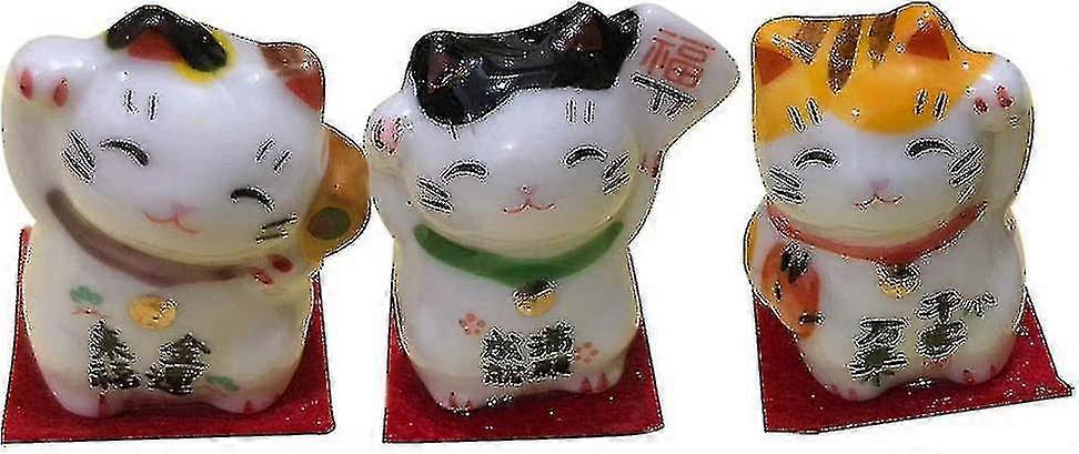 Set Of 3 Maneki Neko Waving Cat Japanese Lucky Cat Decorative Porcelain Figurine