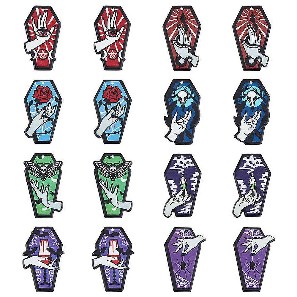 16Pcs 8 Styles Opaque Printed Acrylic Pendants for Halloween Coffin with Vampire Hand Charm Eye/Goblet/Skull/Rose/Butterfly/Snake/Spider/Perfume Bottl