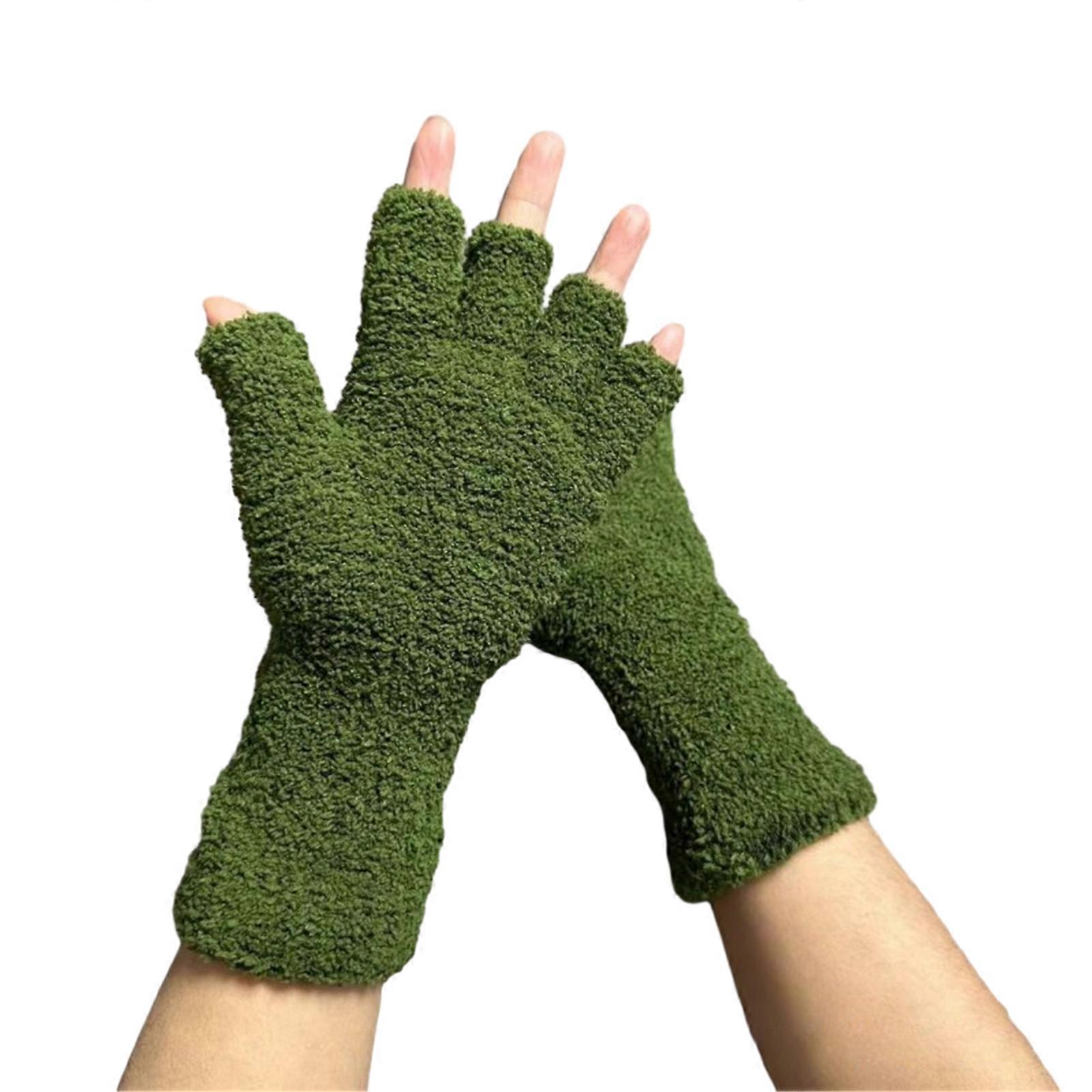 1 Pair Unisex Gloves Half-finger Thick Fleece Soft Elastic Anti-slip Warm Solid Color Cozy Windproof Extended Wrist Students Writing Office Typing Glo