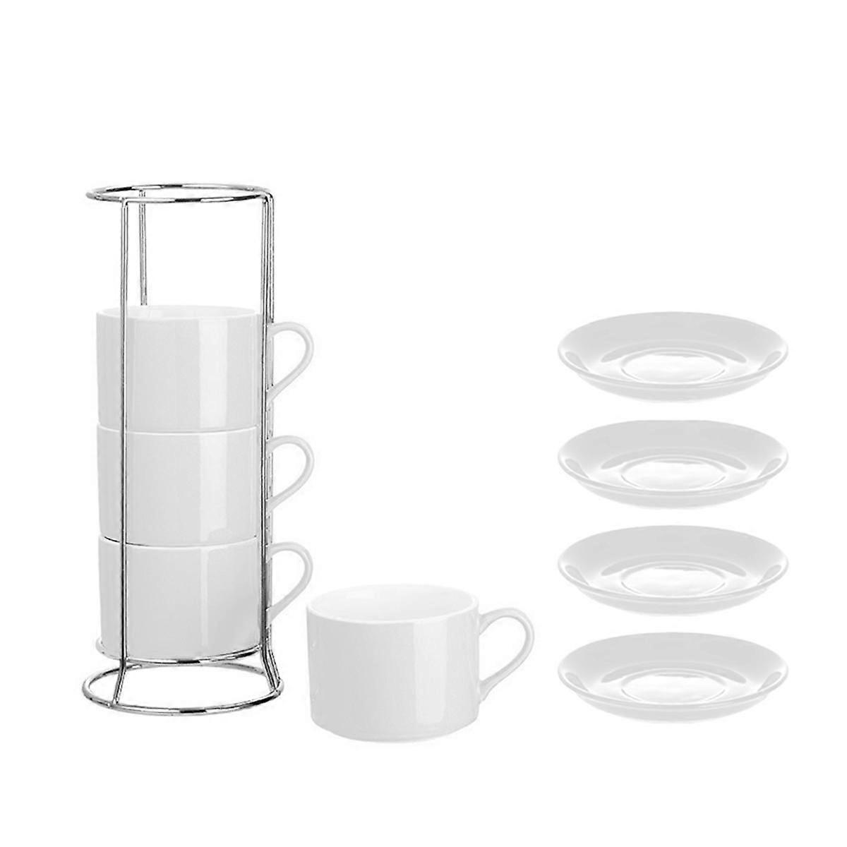 Porcelain Stackable Cappuccino Cups with Saucers and Metal Stand, Espresso Cups for Latte Coffee Ca