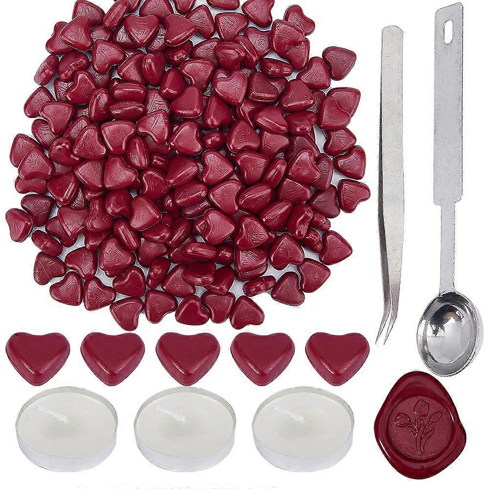 200Pcs Heart Sealing Wax Particles with 1Pc Stainless Steel Spoon and 3Pcs Flat Round Candles and 1Pc Iron Beading Tweezers for Retro Seal Stamp Dark 