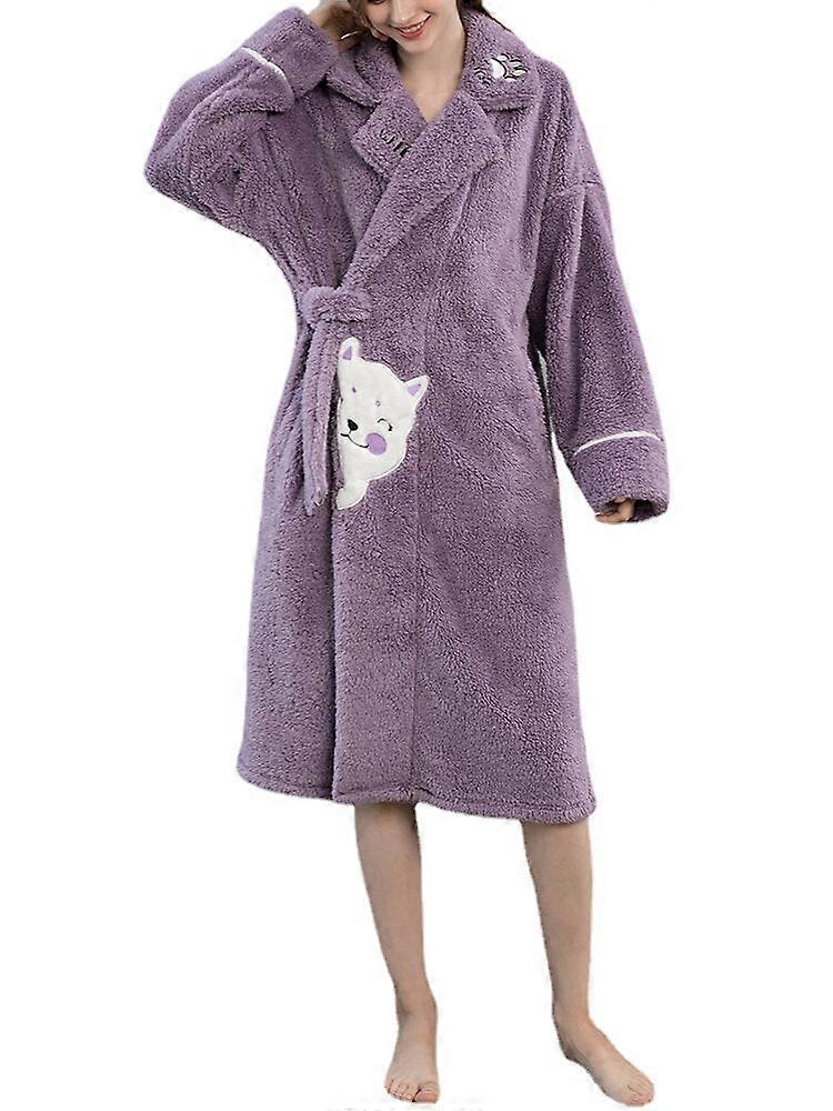 Women's Warm Plush Cat Pattern Sleepwear Robe With Pocket