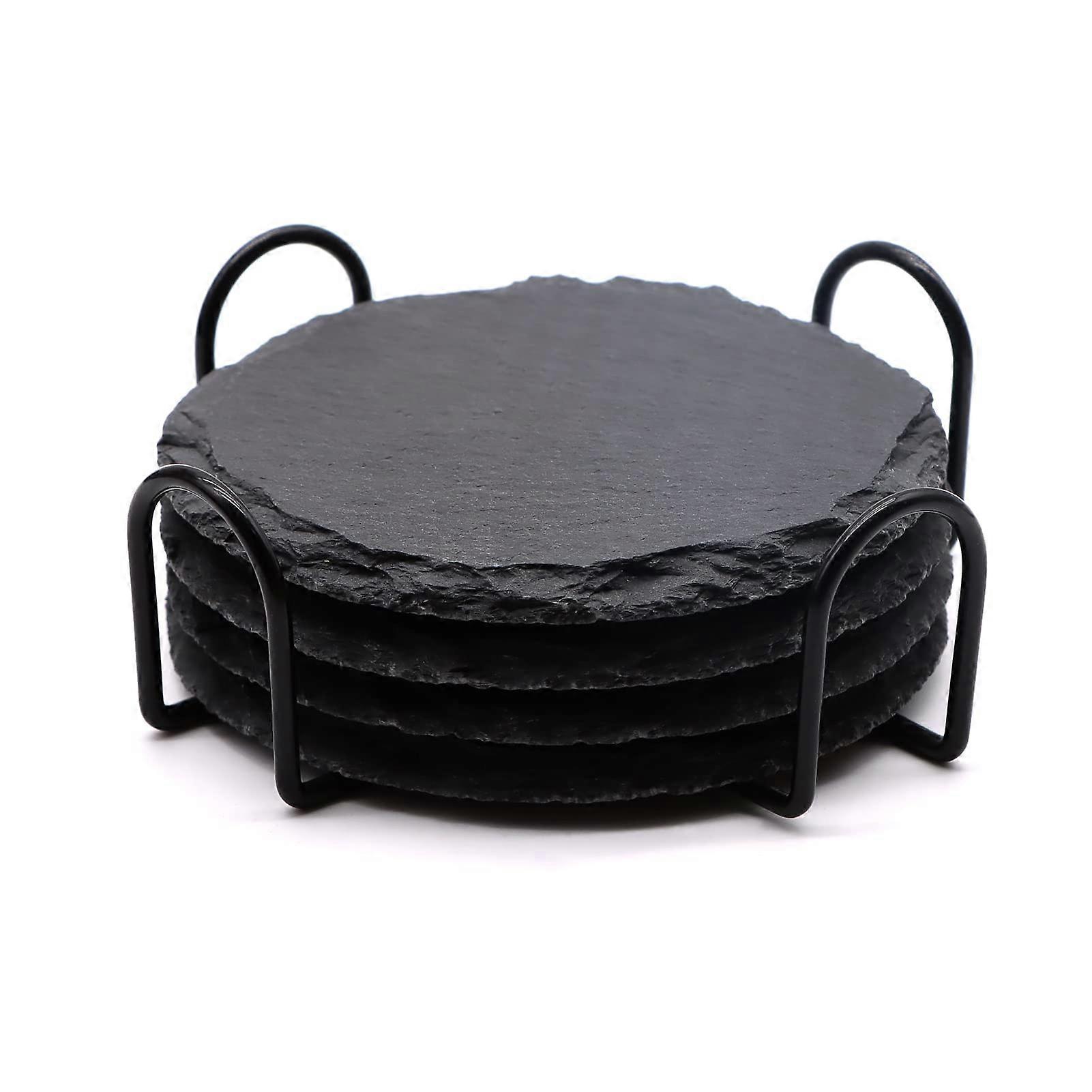 Slate Drink Coasters 4-Pack - 4-Inch Anti-Scratch Protectors with Holder for Home and Office Use
