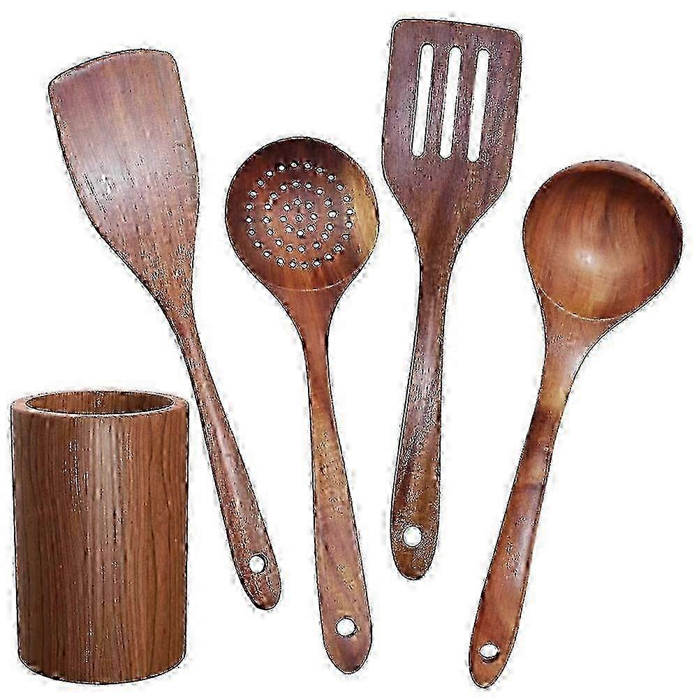 Wooden Tableware,Teak Kitchen Cooking Tableware Set with Stand, Suitable compatible with Non-Stick Cookware,Woo
