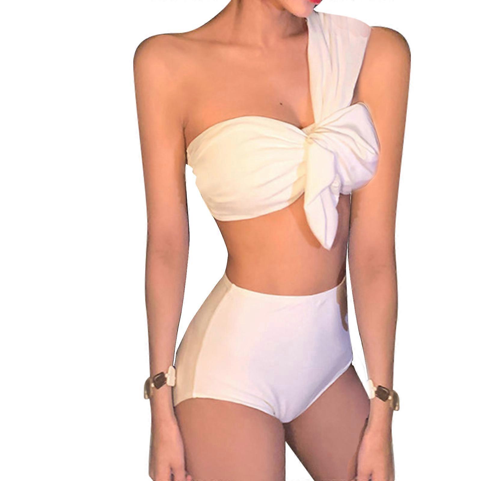 Maillot de bain de couleur unie pour femmes Maillot de bain deux pièces Maillot de bain sexy une épaule Maillots de bain bikinis taille haute ensemble Vêtements de plage Blanc XL