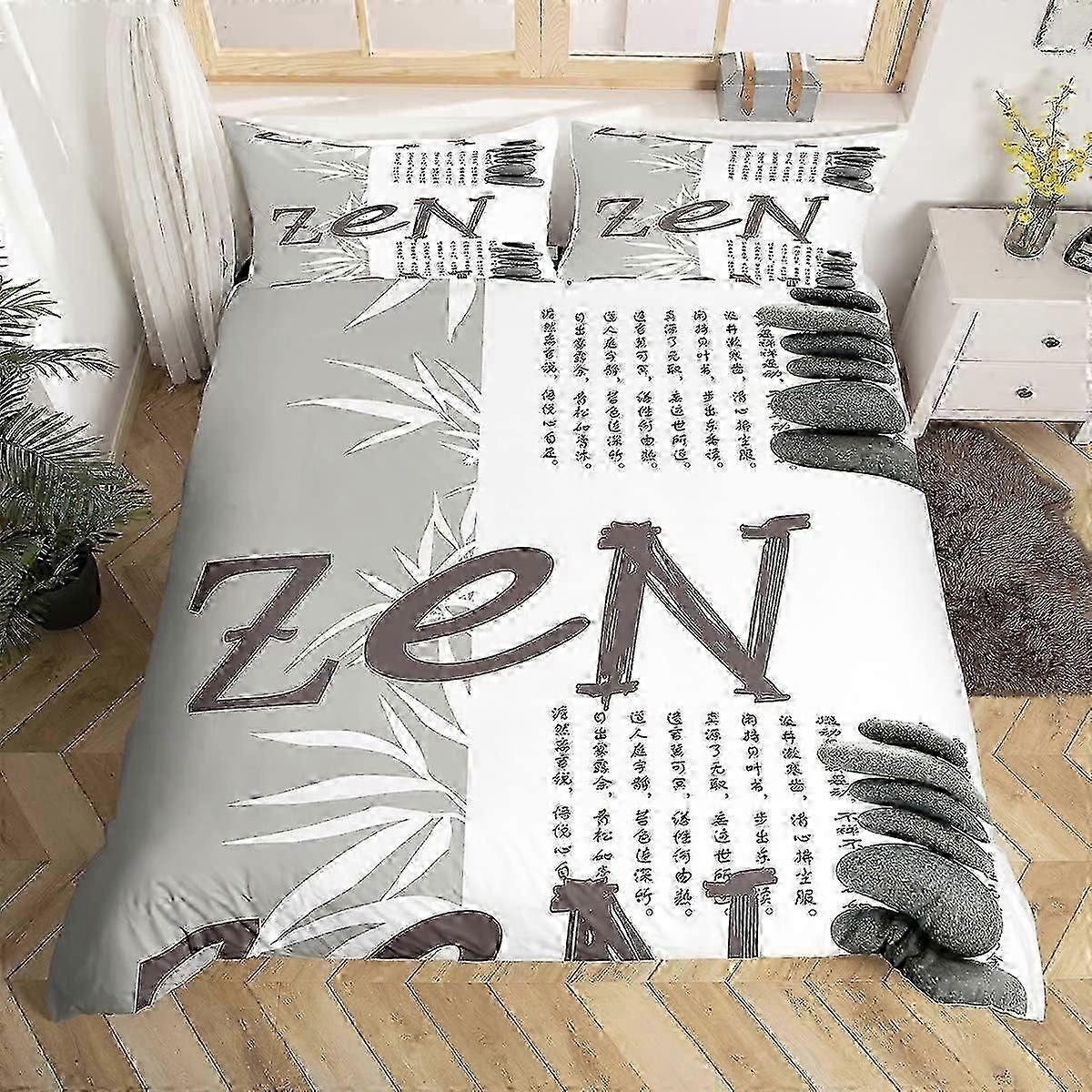 J3911 Σεντόνια Zen Παπλωματοθήκη Zen Stone Bedding Set King Size Μπαμπού Φύλλα Κάλυμμα Παπλώματος Για Ενήλικες Άνδρες Γυναίκες Γκρι Λευκό Κινεζικές λέξεις Κάλυμμα κρεβατιού