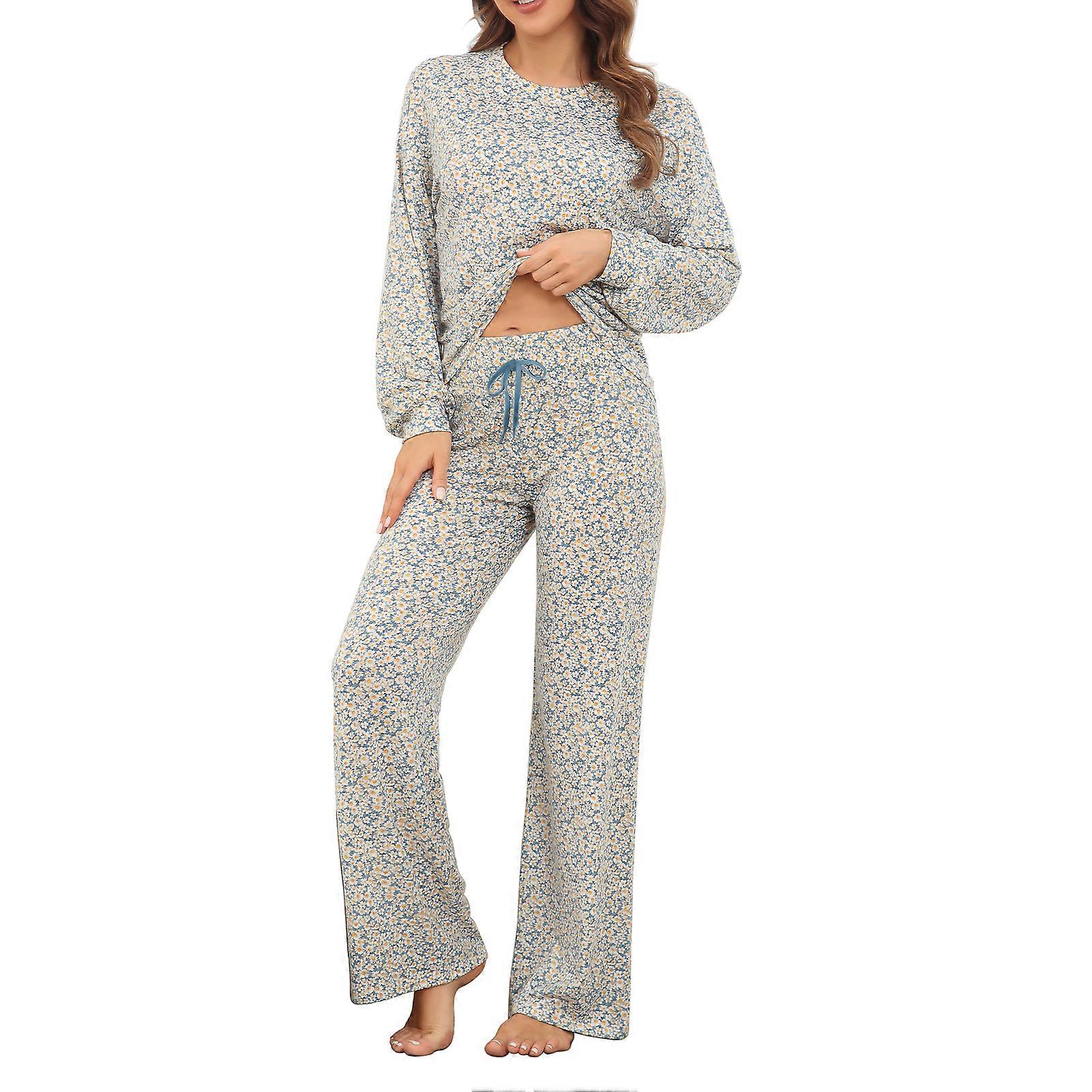 Dampyjamasset Mjukt Andningsbart 2-delat Rundringat Långärmat Toppar Dragsko Byxor Nattkläder Loungewear