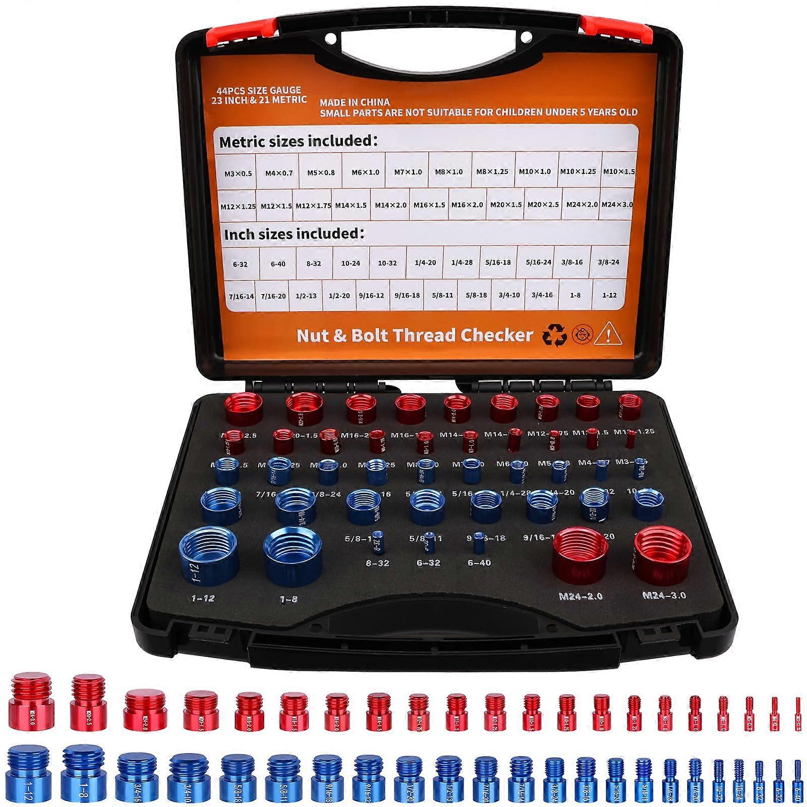 44pcs Nut and Bolt Thread Checker Tool Set, 23 Inch & 21 Metric Sizes, Thread Gauge for Fixed Bolts and Threaded Holes