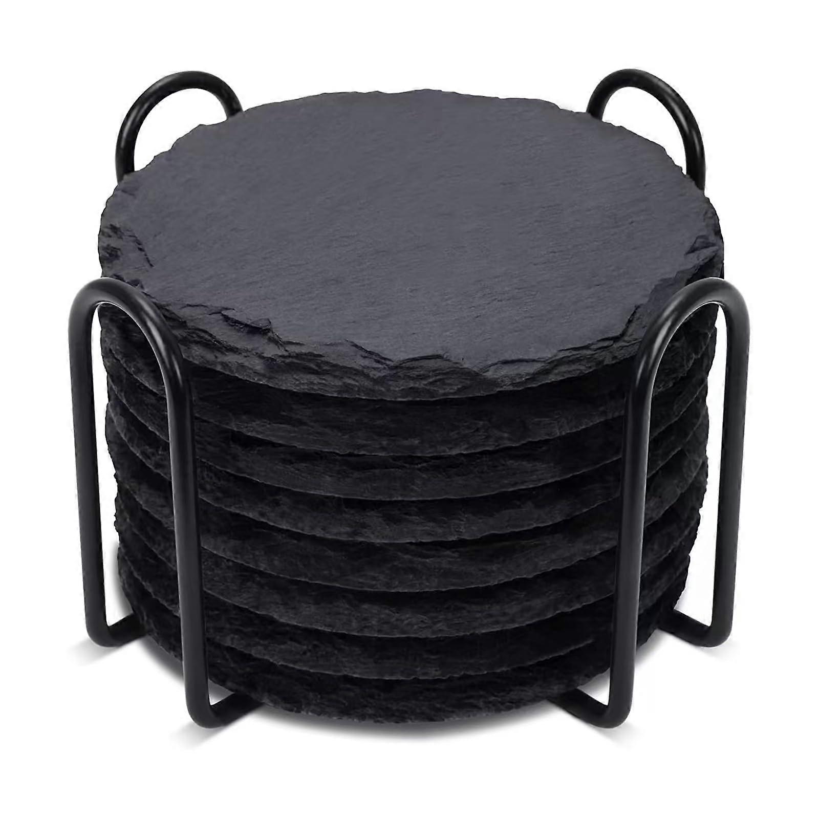 Coasters Set of 8 with Holder - Handmade Black Slate Stone Drink Coasters for Home and Office Use