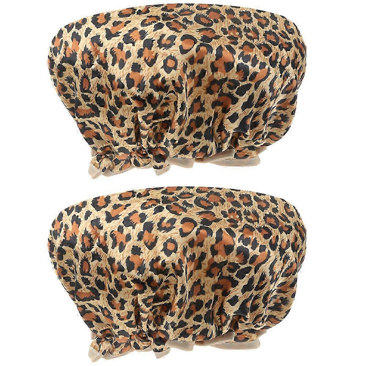 2pcs Waterproof Double-layer Bathing Caps with Elastic for Hair Protection in Stylish Leopard Print Design Suitable for Various Brs