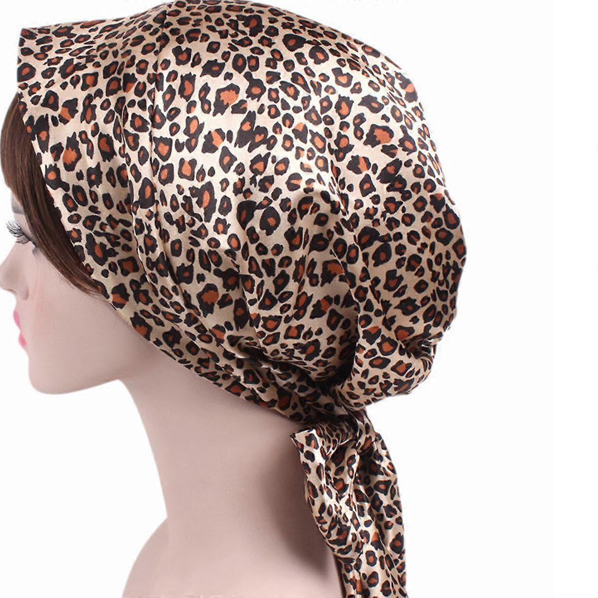 Sleeping Head Wrap Leopard Print Braid Design Women Turban Hat 78x16x1 Cm Satin 1Set