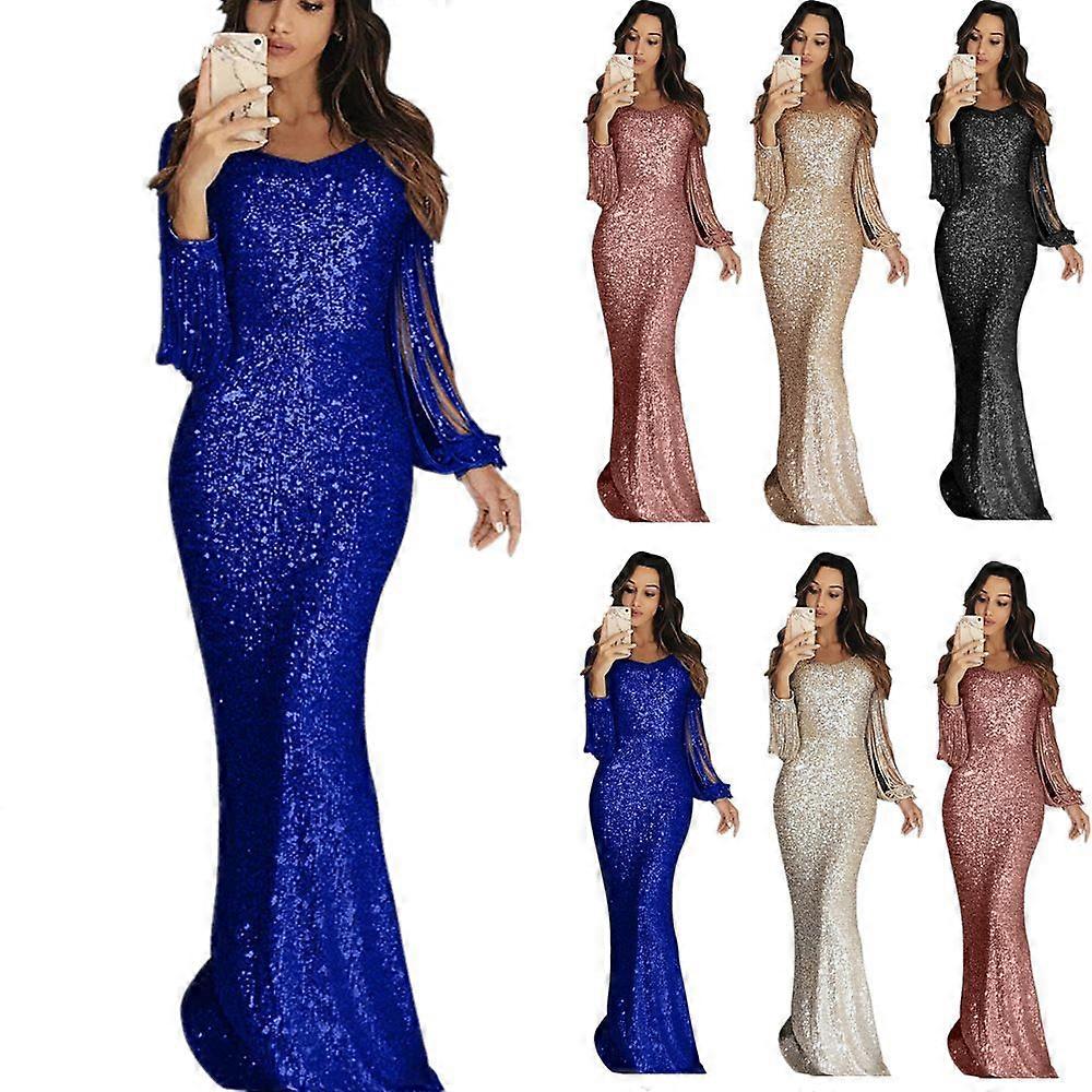 Wish Damen Langes Kleid, Abendkleid, Langärmeliges Abendkleid mit Fransen