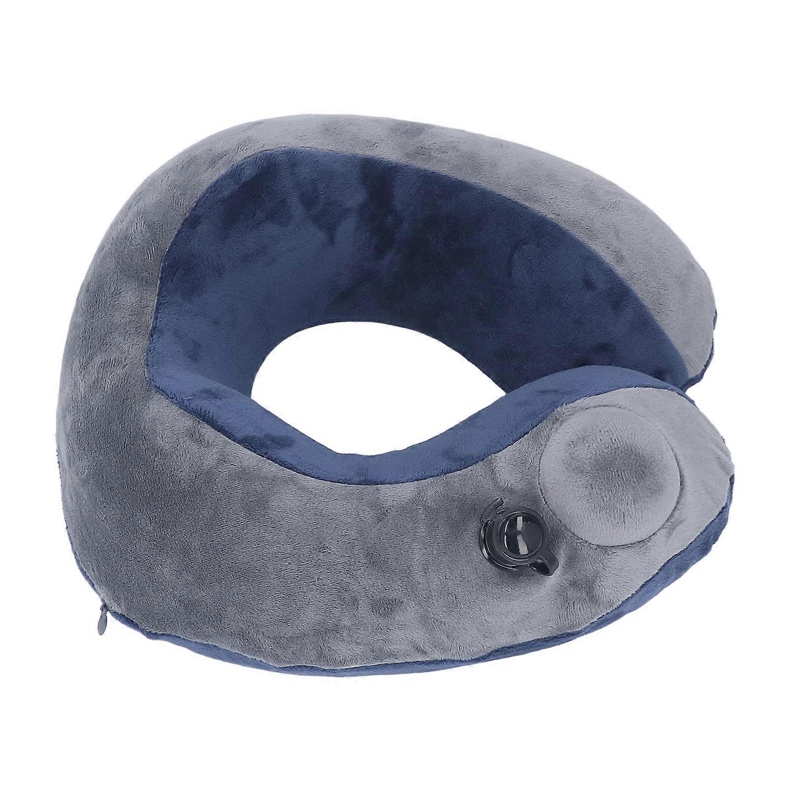 Self Inflatable Travel Pillow U Shaped Portable Neck Chain Support for Sleeping Napping Dark Blue with Gray 