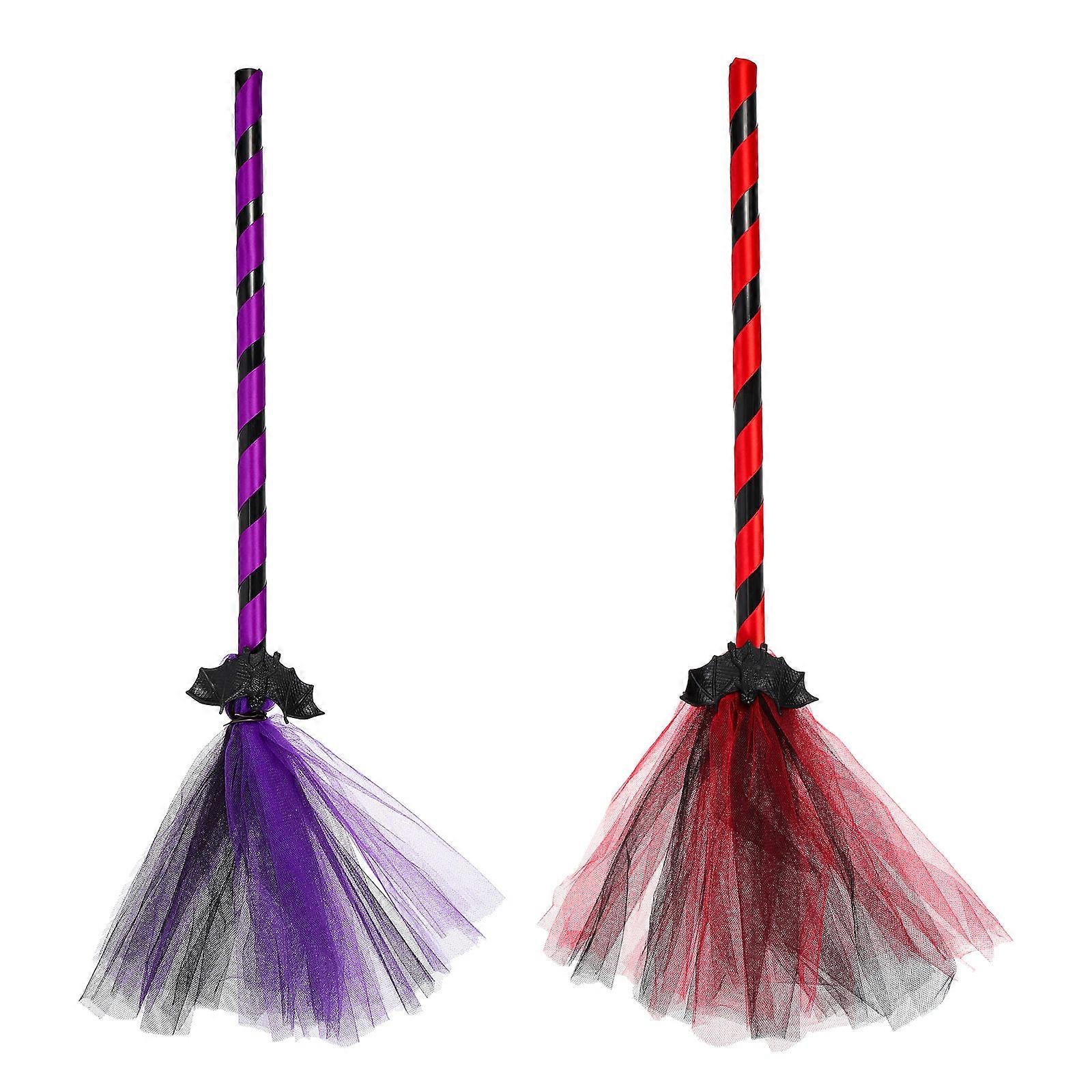 2pcs Witch Broom Decorative Gauze Brooms for Halloween Party Props Red Purple Cosplay Broomsticks Festive Atmosphere Decoration