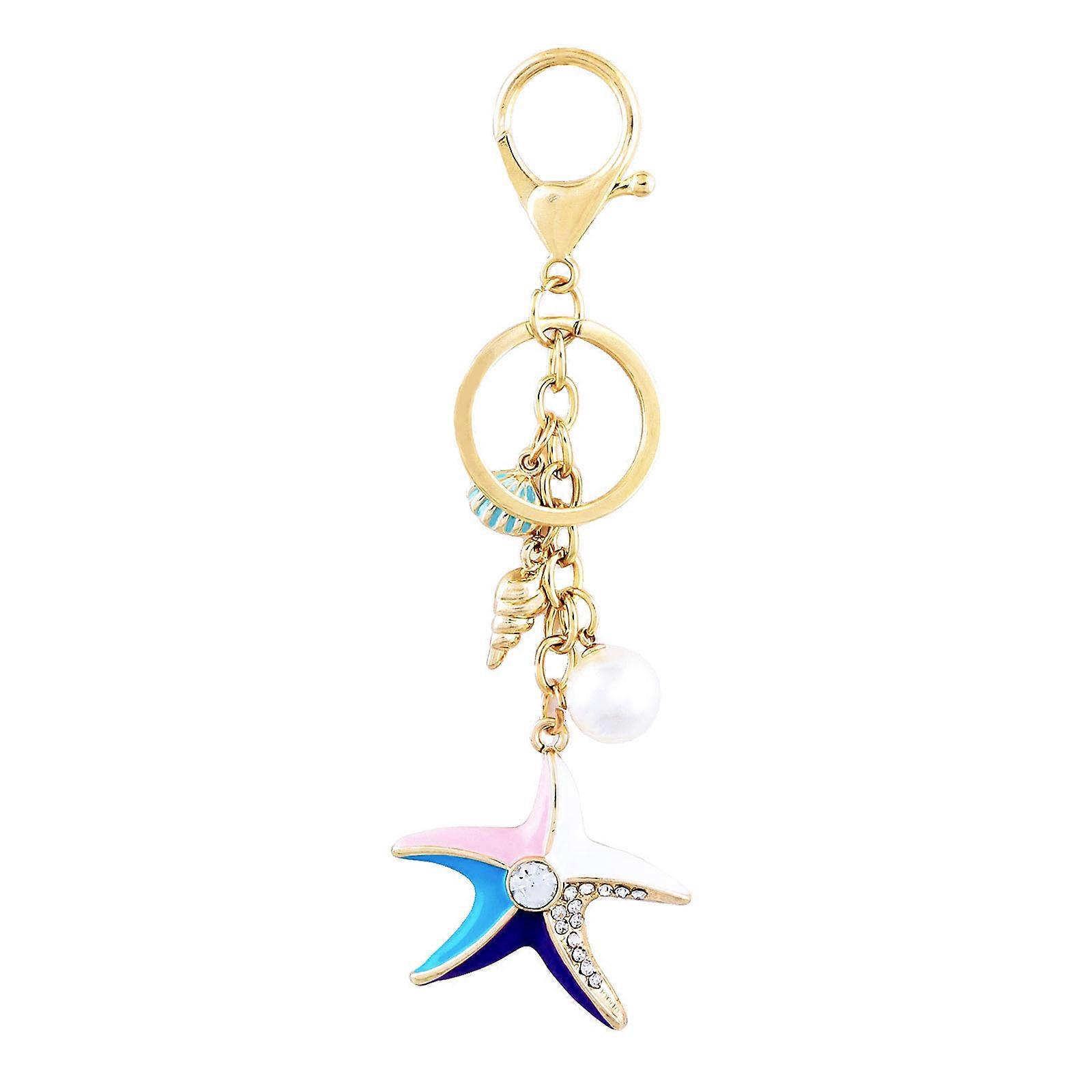 Elegant Beach Style Alloy Key Holder Shimmering Crystal Starfish Accent with Detachable Pearls Seashells Decoration Multicolor