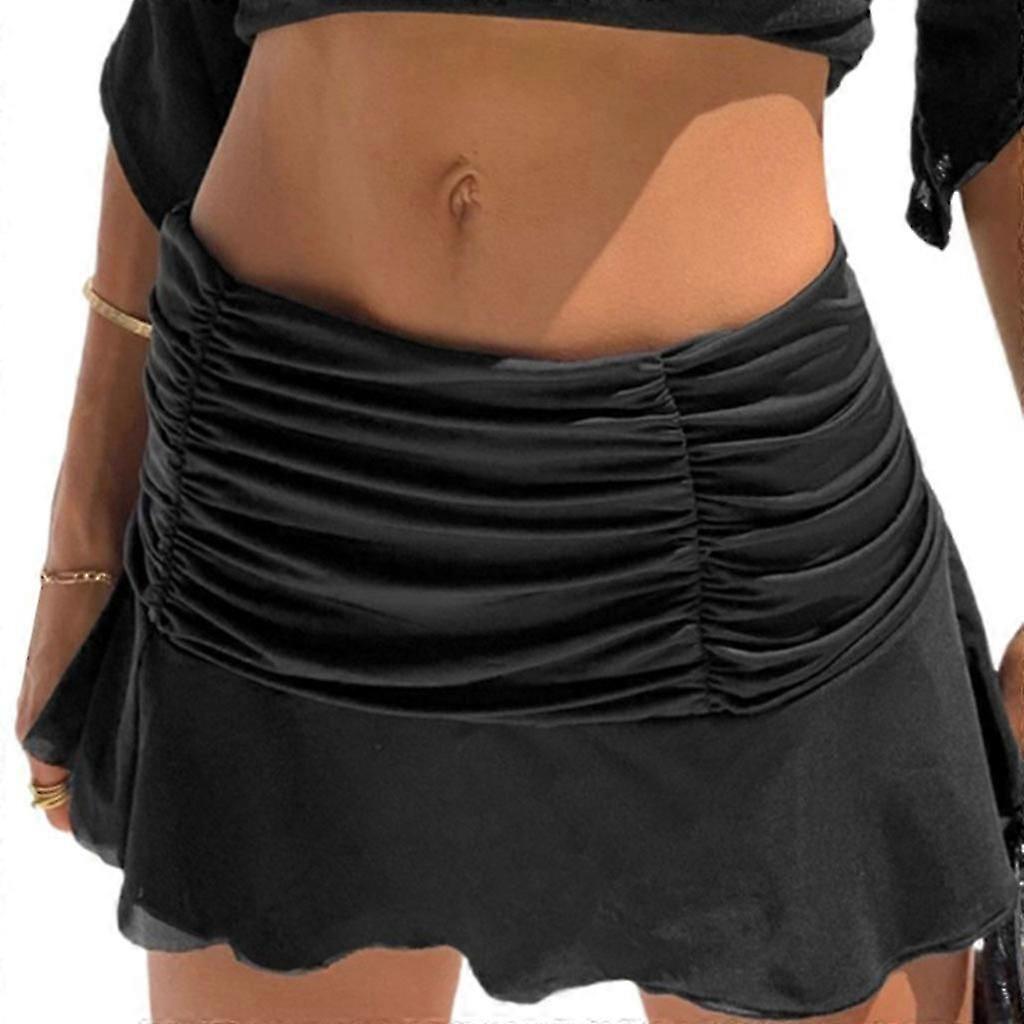 Women Summer Vintage Pleated Ruched High Waist A-Line Mini Skirt Ruffles Hem Solid Color Casual Slim Stretch Streetwear White XL