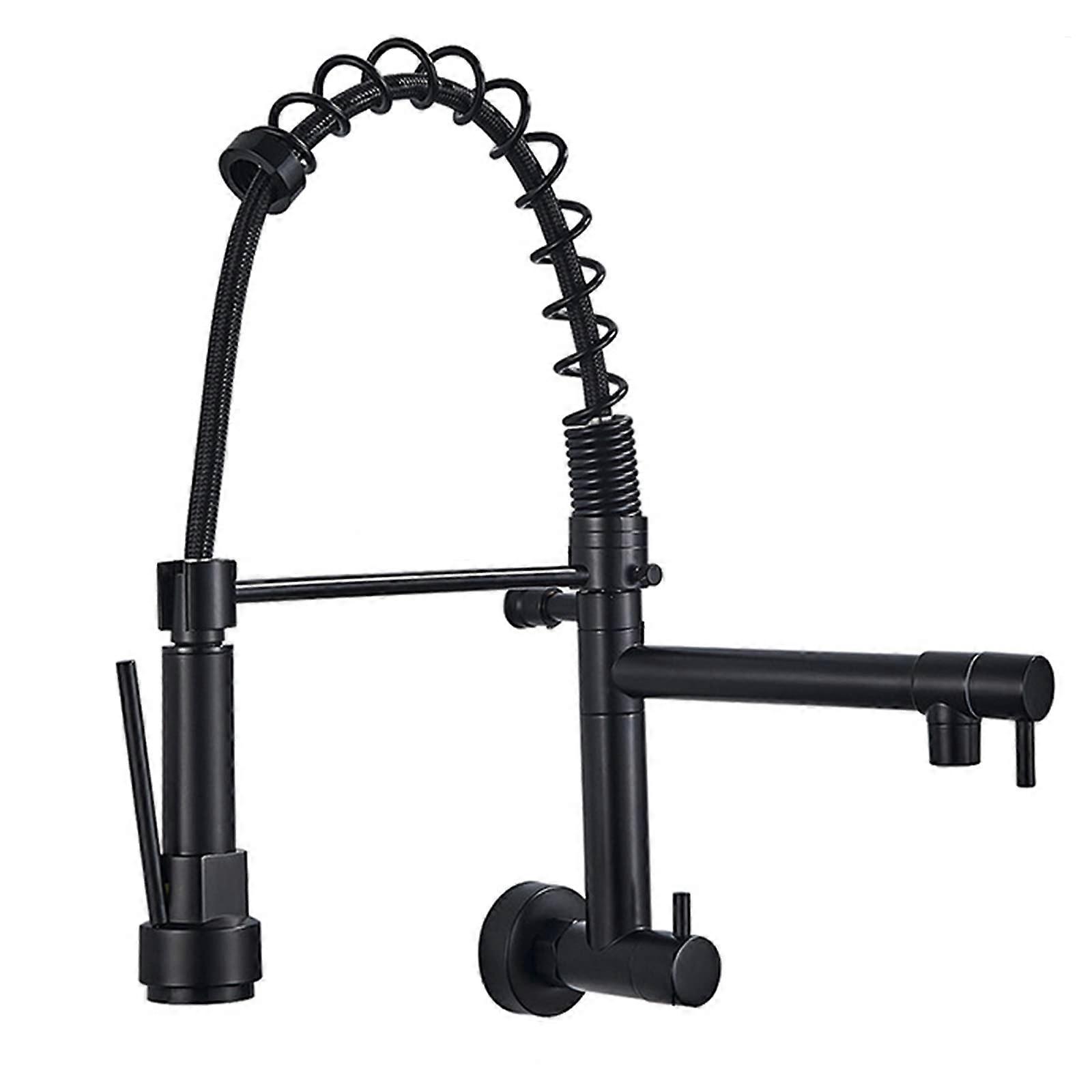 Wallmounted 360° swivel kitchen faucet with arc and dual outlet.