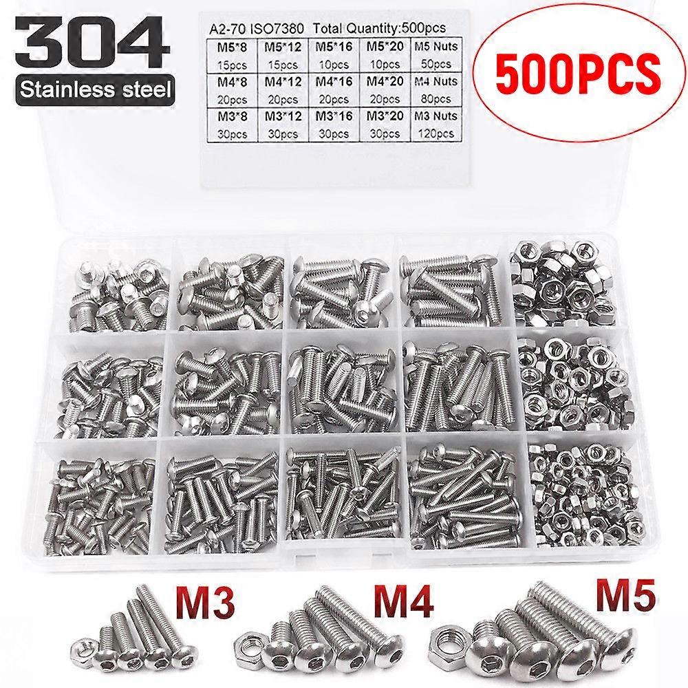 500 件螺栓和螺母,3 种尺寸,M3/M4/M5 螺栓,带配合螺母,六角螺栓,螺栓,紧固件,包装在收纳盒中