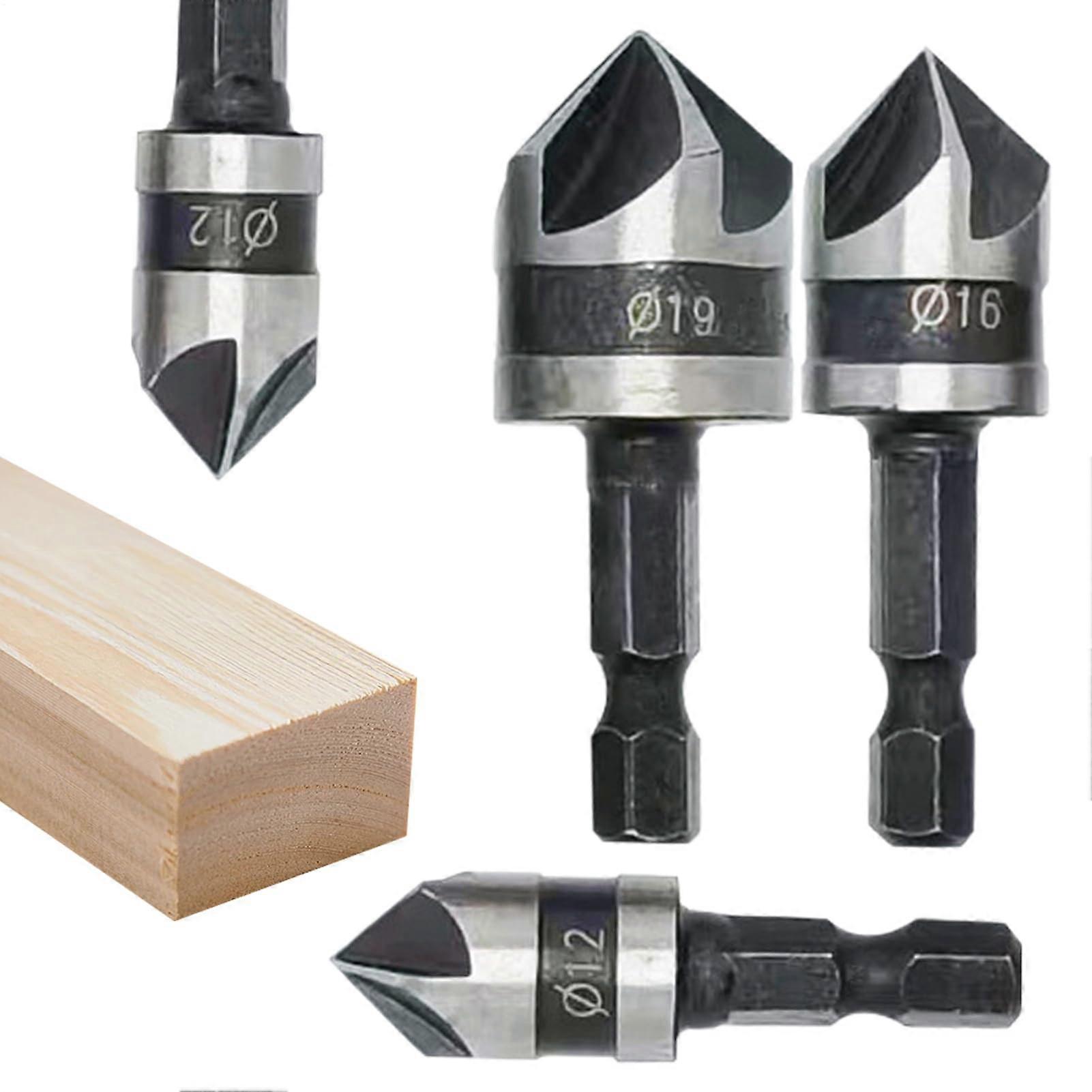 Countersink Drill Bit Set 90 Degree Hex Shank 3 Piece Chamfer Tool for Deburring and Surface Finishing