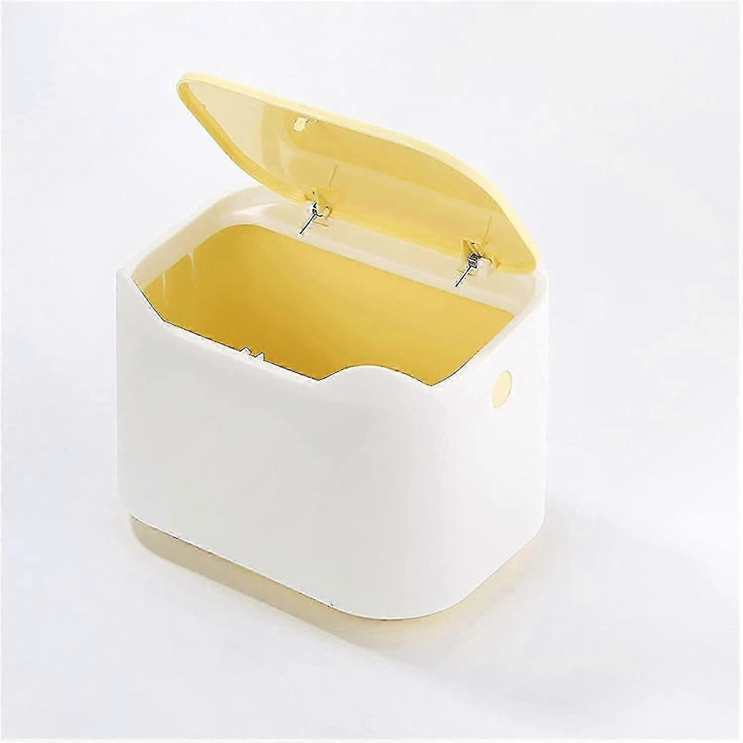 Mini Desktop Trash Can with Lid, Household Paper Basket, Small Storage Bucket, Yellow White