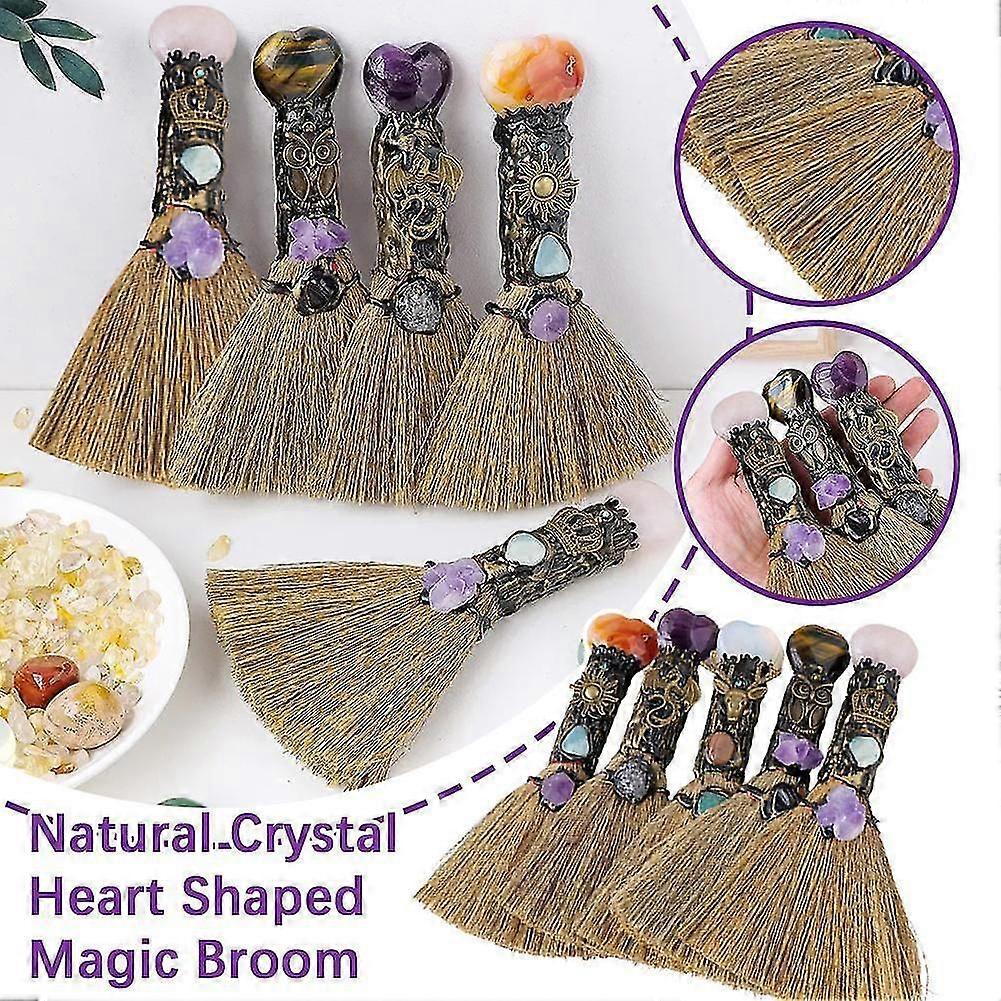 witch broom with quartz crystal heart for magic