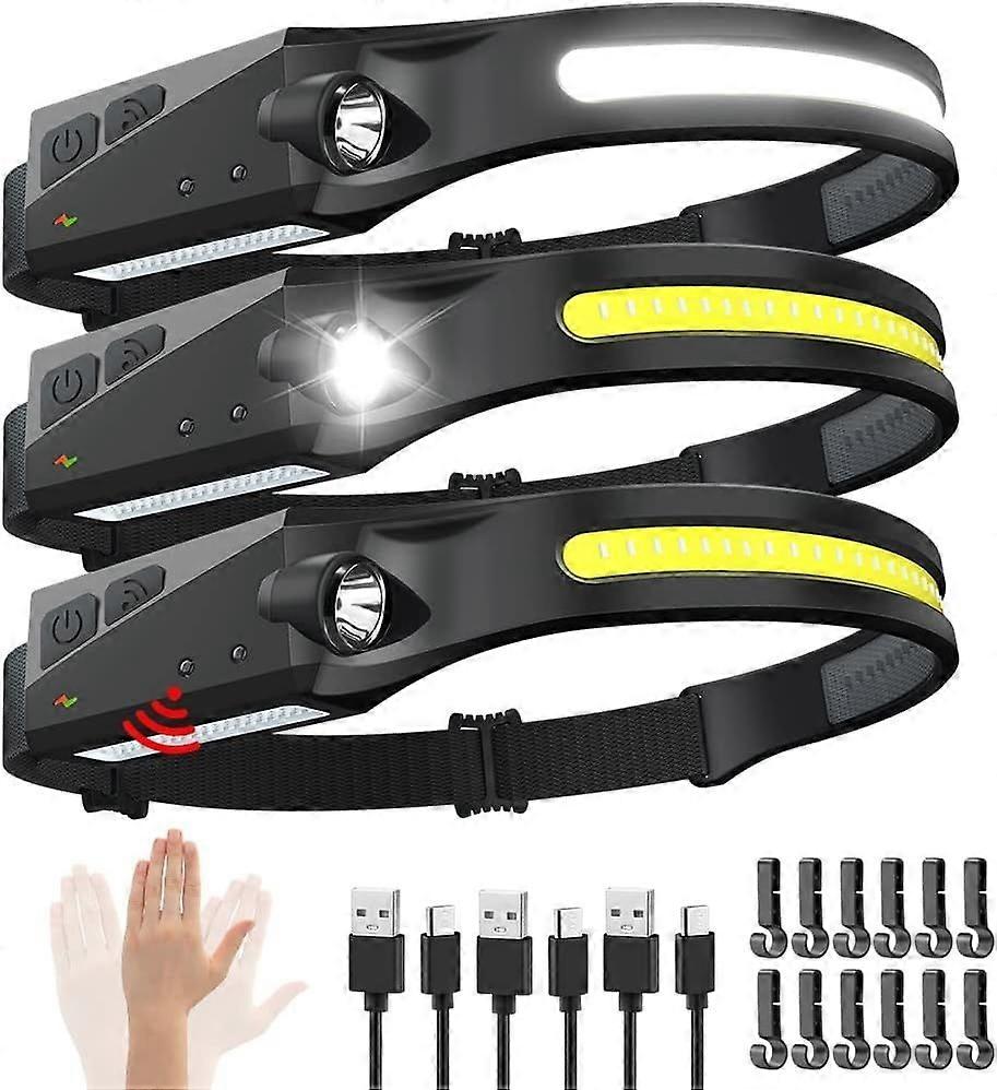 Rechargeable Headlamp 3PCS, 230 Wide Beam Head Lamp, Motion Sensor LED Headlamp Rechargeable(Black)