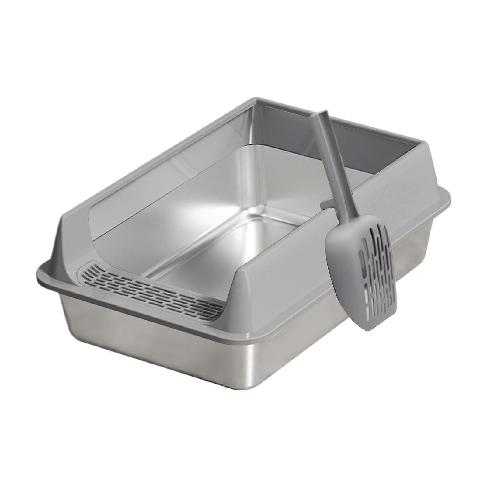 Cat Litter Box Large, SemiEnclosed Design, Deep PP Tray, Stainless Frame, Scoop Included, 15.75 X 11.81 X 7.48, Gray