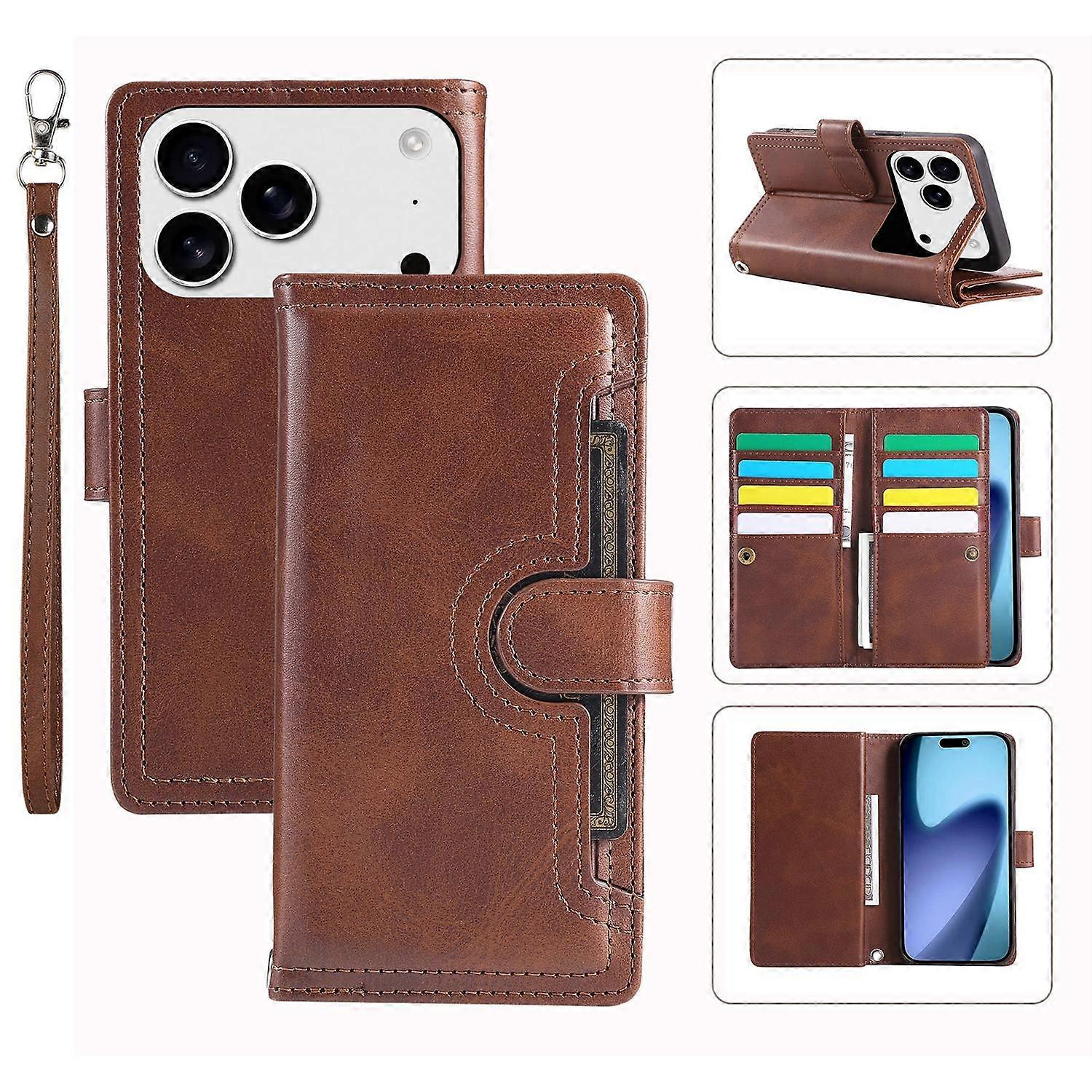 For iPhone 17 Pro Max Case Split Leather Magnetic Wallet Phone Protector with Wrist Strap - Coffee